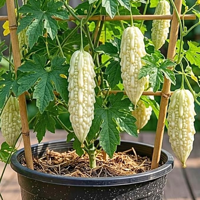White Jade Bittermelon Live Plant Rare White Bitter Melon Vine Edible Vegetable Starter for Planting 6-8 Inches Tall in 4 Inch Pot