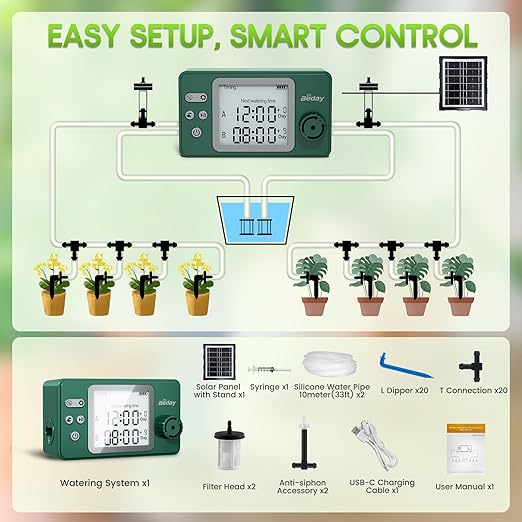 Solar Powered Dual Pump Drip Irrigation Kit for Outdoor Indoor Plants 2-Zone Smart Self-Watering System with USB Charging Automatic Plant Waterer for Garden Patio Balcony Vacation