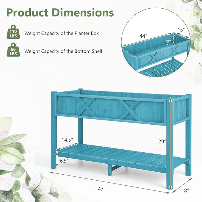 Raised Garden Bed with Legs 47 x 18 x 29 Inch Elevated Planter Box w/HIPS Frame Drainage Holes &amp Storage Shelf Standing Raised Planter for Flowers Herbs Outdoor Balcony Backyard (Blue)