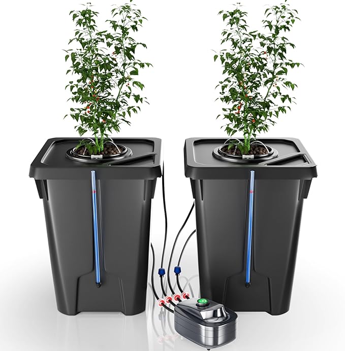 2 Buckets DWC Hydroponics Grow System with Top Drip Kit 7 Gallon Deep Water Culture with Air Pump Air Stone Air Hose Recirculating Drip Garden System