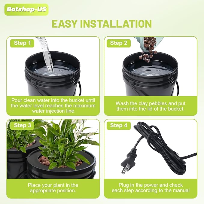 DWC Hydroponics Grow System with Top Drip Kit 5-Gallon 4 Buckets Deep Water Culture Recirculating Drip Garden System with Air Pump Hose Air Stone (4 Buckets + Top Drip Kit)