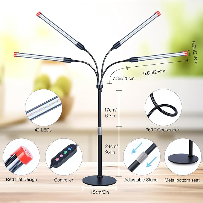 FECiDA 2026 4Head Table Top Grow Lights for Seed Starting Indoor Plants Bonsai 36 Watt Power Draw NO Need Adapter 4/8/12/16/20H Timer 16-24 Height Adjustable