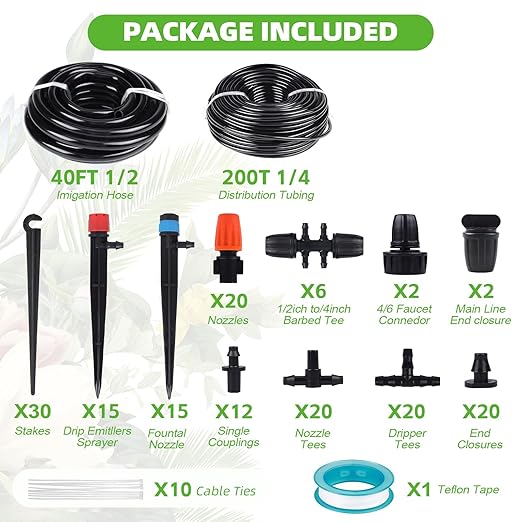 240FT Drip Irrigation System Kit for Garden Watering System with Adjustable Nozzles 1/2 &amp 1/4 inch Tubing Hose DIY Automatic Mist Cooling for Outdoor Lawn Patio Greenhouse Flower Beds Lawn Gr