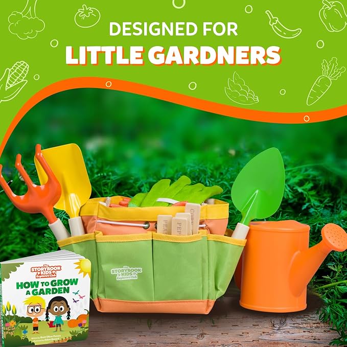 Matching Board Book - Green Kids Gardening Tools Set Includes Sturdy Tote Bag Watering Can Shovel Rake and Trowel - Garden Storybook - Kids Garden Tools- Easter Gifts for Toddler Age on up.