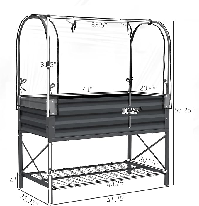 Outsunny Raised Garden Bed with Cover and Storage Shelf Rectangular Metal Elevated Planter Box with Legs and Bed Liner for Vegetables Flowers Herbs Dark Gray