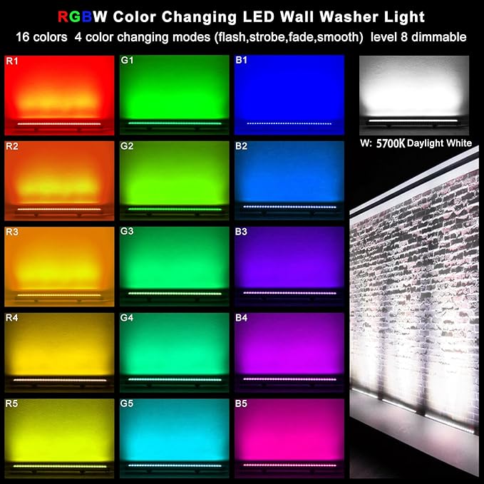 LED Wall Washer Light with RF Remote 144W RGBW Color Changing Linear Bar Light AC120V Waterproof RGB CCT Wall Washing Lamp for Outdoor and Indoor Lighting Projects Plug &amp Play