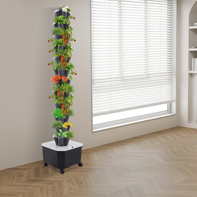 12 Tier 60 Holes Hydroponics Growing System Kit Vertical Hydroponic Tower Indoor Gardening Kit for Vegetables Herbs Fruits Home &amp Greenhouse (Grey)