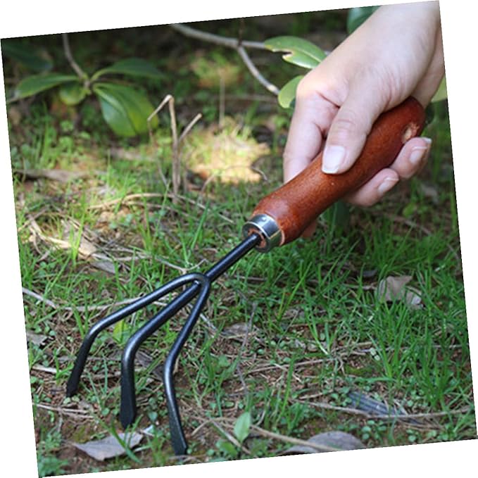 4pcs Gardening Tool Set with Mini Garden Shovel Narrow Spade Three-Prong Rake and Dual-use Hoe for Planting and Digging in Pots and Garden Beds