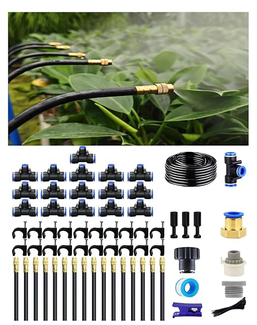 Drip Irrigation System 360 Degree Adjustable Garden Sprinkler High Output Mist Spray Nozzle for Potted Plants Easy Connect &amp Rotating Head Customizable Water Flow (50FT+16spray nozzles)
