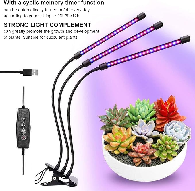 LED Grow Light 3 Head Plant Lamp 30W Full with 3/9 / 12H Timer &amp Five - Level Dimming – Optimal Indoor Plant Light for Succulent Growth &amp Flowering