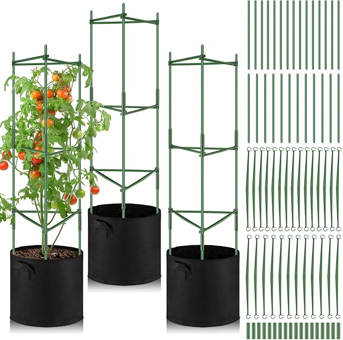 3 Pack 47 Tomato Cages with 10 Gallon Grow Bag Adjustable Tomato Cages for Garden Trellis Pots for Potted Plants Vertical Climbing Vegetables Outdoor Indoor
