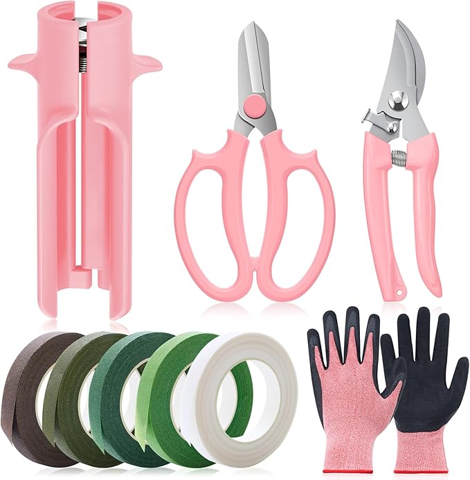 9 Pcs Rose Thorn Remover Set Include 1 Flower Thorn Stripper Tool 5 Floral Tape 1 Flower Scissor 1 Curve Gardening Scissors 1 Pair Gardening Gloves for Valentine Women Mother Gift (Pink)