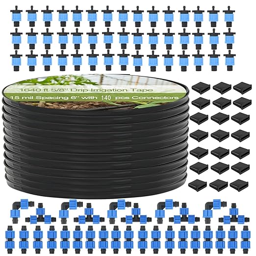 1640 ft 5/8 Drip Irrigation Tape Kit 15 mil Emitter Spacing 6 Flat Drip Tape with 140 PCS Drip Tape Connectors Automatic Irrigation Equipment for Garden Irrigation Emitter Flow:0.79 GPH