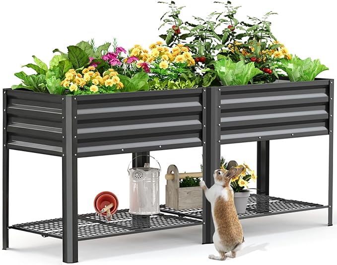 KING BIRD Large Raised Garden Bed with Legs &amp Storage Shelf Galvanized Elevated Planter Box for Backyard Patio Balcony 600lb Capacity Dark Grey 70.9x22.8x31.5 in