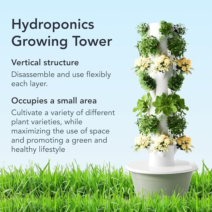 Flora Indoor Hydroponic Garden Tower with LED Grow Lights - Self-Watering Hydroponics System with Pump Adapter and Net Pots for Growing Herbs &amp Vegetables