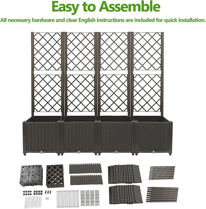 4 PCS Raised Garden Bed Planter Boxes Outdoor Planter with Trellis 63 L x 15.7 W x 56 H Planters for Climbing Plants - Interlocking Design Plant Box for Backyards Terraces Vegetables Flowers