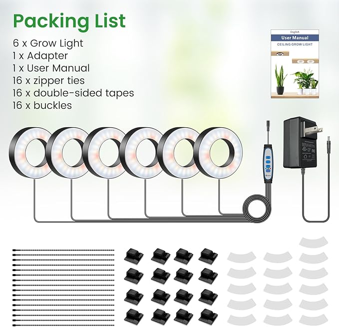 Wiaxulay Ceiling Grow Lights for Indoor Plants 288 LED Full Spectrum 3.5in Halo Plant Grow Light 12/3A Under Cabinet Grow Lamp with Auto Timer 6/12/16 Hrs 3 Lighting Mode 5 Brightness Six Head