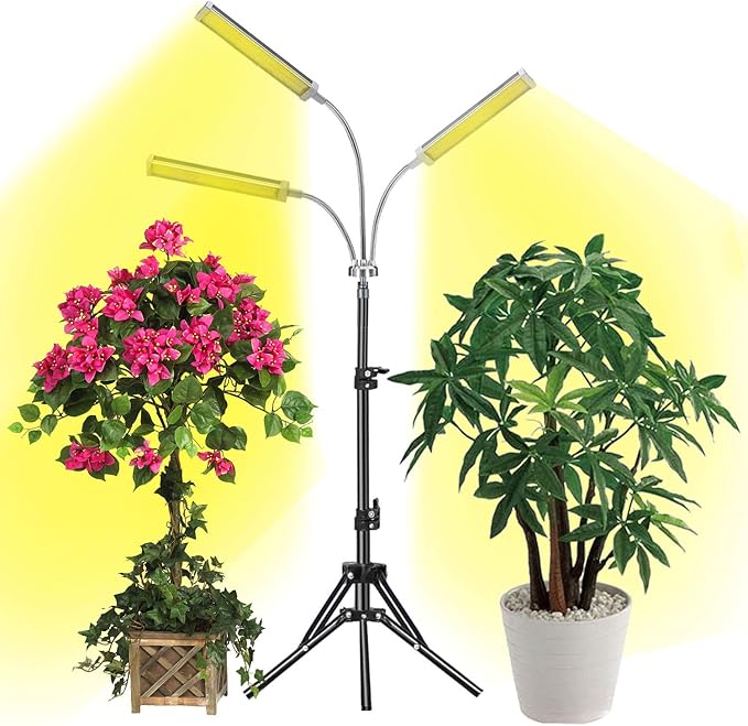 YUHAN Grow Light with Stand LED Grow Lamp for Indoor Plants Tri-Head Sunlike Full Spectrum 150W 315 LEDs Tripod Stand Adjustable 15-47 inch 3 Modes Timer for Indoor Plant Growth