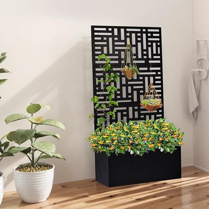 Metal Planter Box with Trellis70 Outdoor Raised Garden BedPrivacy Planters for Patio GardenPlanter Box with Drainage Holes for Climbing Plants (Black)