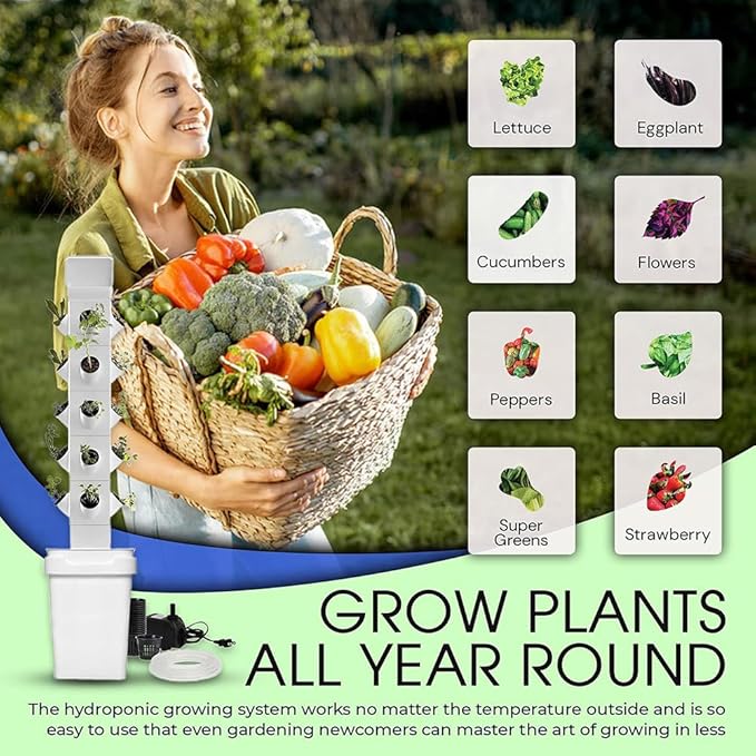 Hydroponics Growing System 24 Pods Vertical Hydroponics Tower Smart Garden Planter Germination Kit Aeroponics Growing Kit with Hydrating Pump Adapter Net Pots T