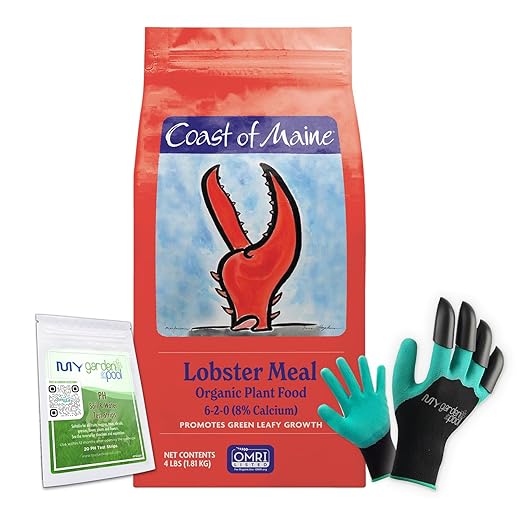 Coast of Maine LM6000 Lobster Meal Plant Food 4 LB – Natural Organic Fertilizer with Calcium for Soil Health with My Garden Pool Soil Test Strips &amp Gardening Claw Gloves