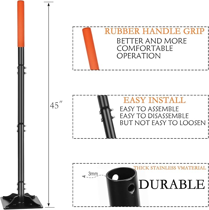 Steel Tamper 8in×8in 45in Long-Handled Hand Tamper with Rubber Grip Durable Ground Tamper Ideal for Leveling Garden Soil Gravel as Well as Laying Floor Tiles and Repairing Blacktop