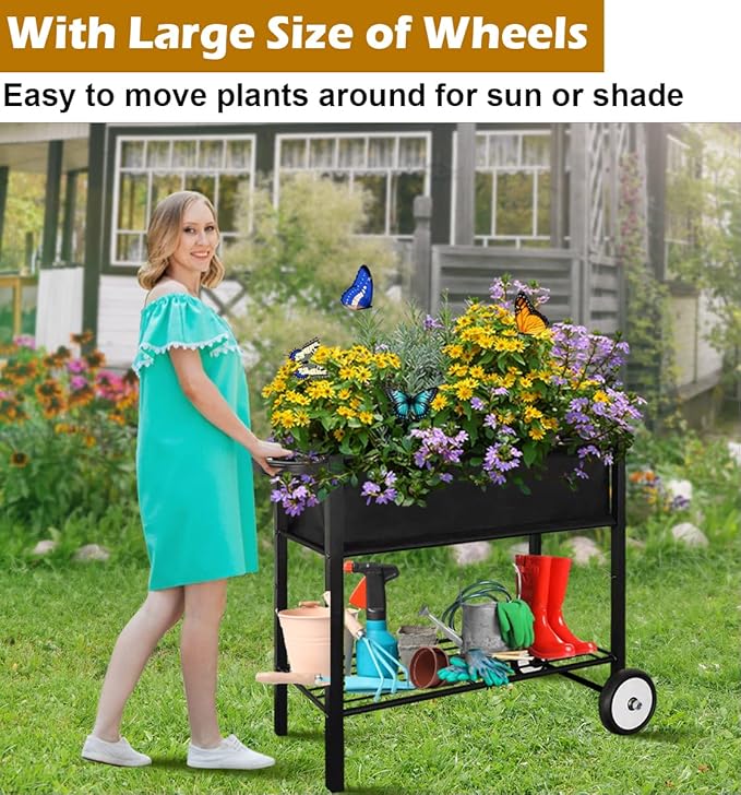 Koutemie Outdoor Raised Planter Bed Box with Legs for Gardening Elevated DIY Garden Cart on Wheels for Vegetables Flower Tomato Herb Plant Black
