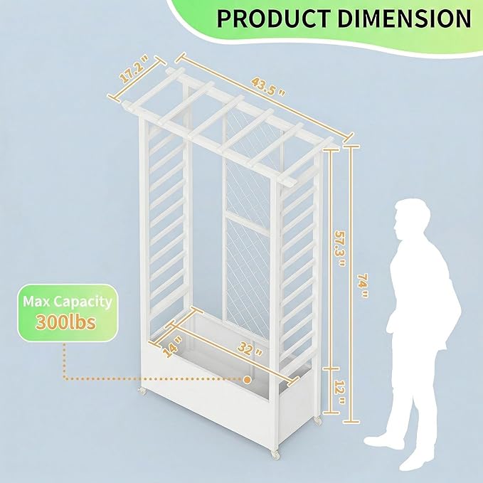 74 Mobile Planter with TrellisWeatherproof Vertical Raise Garden Bed with Trellis &amp Hanging Roof for Climbing PlantsFlowersVegetablesRust-Proof Metal Privacy Planter for Patio (White-A)
