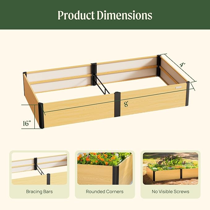 Vego garden Woodgrain Series Raised Garden Bed 16'' Tall 4' x 8' Wooden-Look Metal Planter Box Outdoor for Gardening Vegetables Flowers Herbs