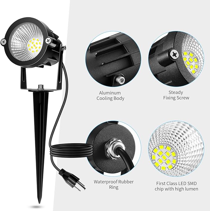 Outdoor Spotlight Cool White 6000K 10W LED Spot Lights Outdoor for Yard Garden Tree 120V Plug in Landscape Lighting with IP65 Waterproof for Halloween Christmas Decor 4 Pack