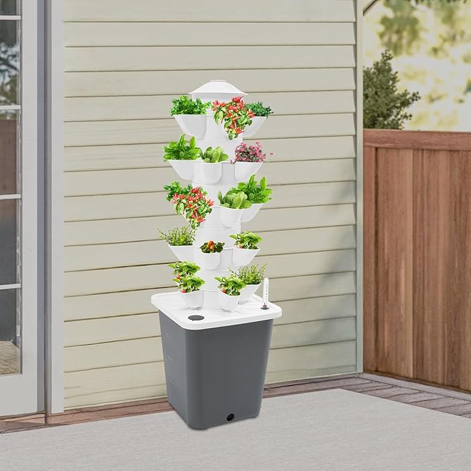 25 Holes Hydroponics Growing System Kit Herb Garden Planter Indoor Kit with 2.64gal Water Tank Outdoor/Indoor Gardening System Hydroponic Tower for Home Kitchen Office (Grey Water Tank)
