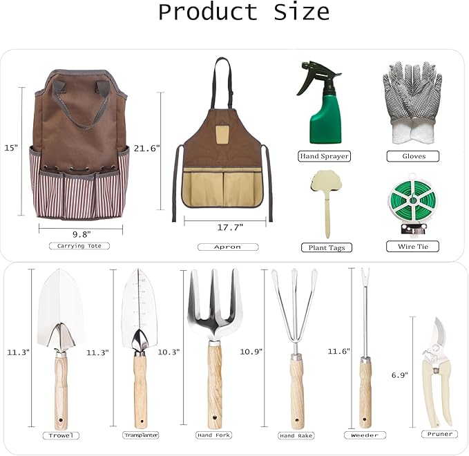 Garden Tool Set Beswill 12 Pieces Heavy Duty Gardening Hand Tools with Garden Tools Organizer Handbag Apron Rust-Proof Stainless Steel Gardening Kit Wood Handle Ideal Garden Gifts for Women Men