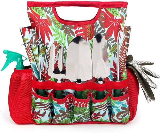 9-piece Garden Tools Set with Gloves and Floral Tote Bag - Gardening Hand Tools Kit with Storage Bag Gifts for Women