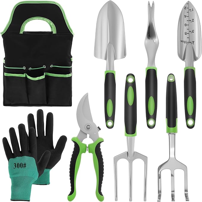 Gardening Tools Set of 8 Heavy Duty Garden Tool Set with Storage Bag Outdoor Hand Tools Gardening Tool Set with Non-Slip Rubber Grip Gardening Hand Tools for Planting Gardening Kit