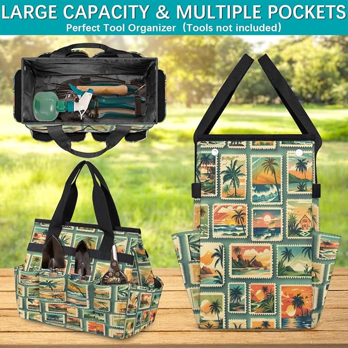 Scenery Palm Tree Sunset Print Garden Tool Bag for Women Men Garden Storage Tote Bag with 10 Pockets &amp Handle Gardening Tool Organizer for Garden Patio Indoor Outdoor