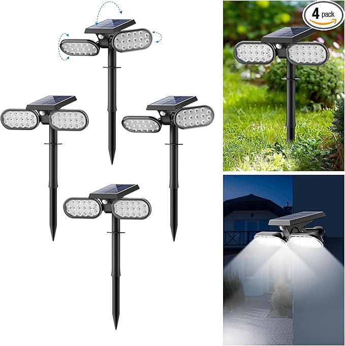 Sunvivo Motion Solar Lights OutdoorGround Path Lights or Wall FloodlightStay On or Motion Sensor ModeDusk to Dawn Security LightCordless360° rotatable Spotlights for Path Yard Driveway4-Pack