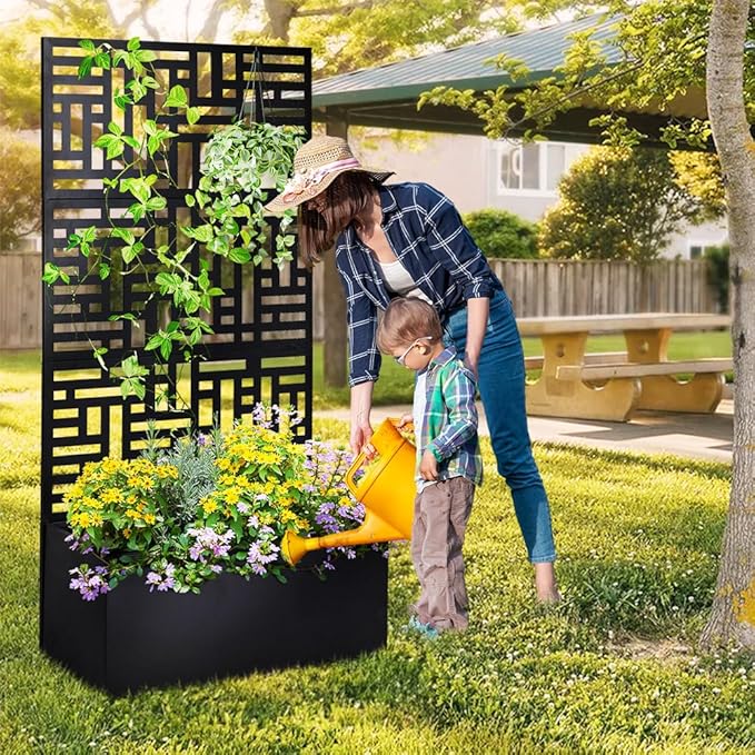 Metal Raised Garden Bed with Trellis70 Planter BoxGarden Box for Climbing PlantsVegetables &amp Vines Features Drainage Holes and Privacy Screen