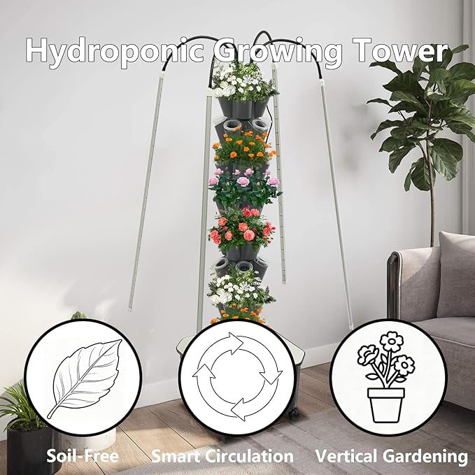 Hydroponics Growing System Kit 40 Pods 8 Tiers Vertical Gardening System with Wheels Outdoor Indoor Herb &amp Fruits Growing Tower with LED Grow Lights and Auto Water Pump System Gray