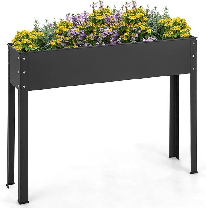 Giantex Raised Garden Bed Metal Planter Box with Legs Drain Hole Outdoor Indoor Elevated Garden Box for Vegetable Flower Herb Fruit Standing Raised Beds for Backyard Porch Balcony Black
