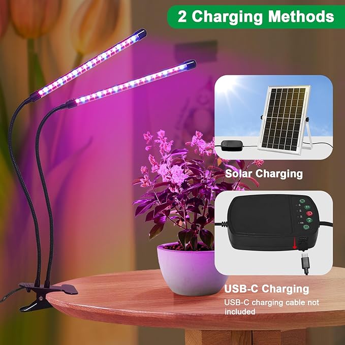 Solar Grow Lights with Batteries 2 Heads Clip Plant Growing Lamp with Red Blue Spectrum for Indoor Plants 3/9/12H Timer 3 Dimmable Level Adjustable Gooseneck3 Switch Modes Auto On Off