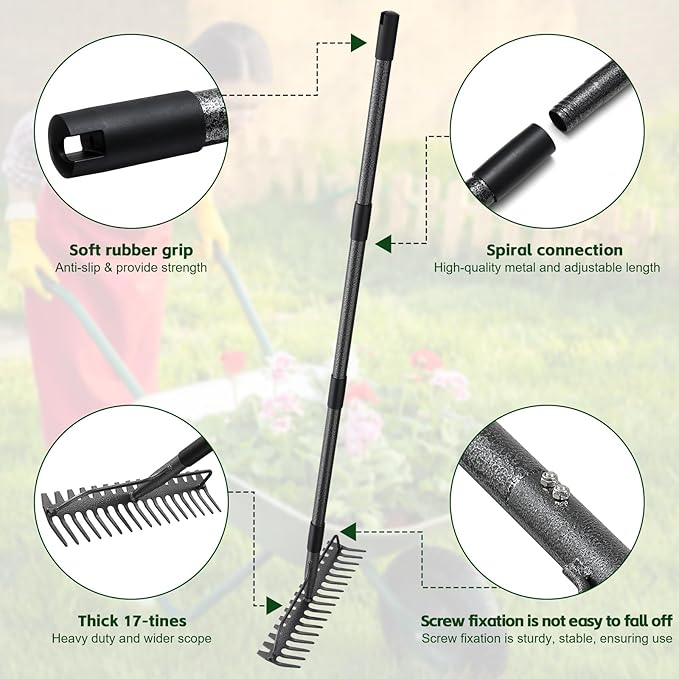 63'' Bow Rake 17 Tines Metal Head Rakes with Stainless Steel HandleHeavy Duty Garden Rake for Loosening Soil Gathering Leaf Leveling Lawn Farming Land Management Yarn Thatch Rake
