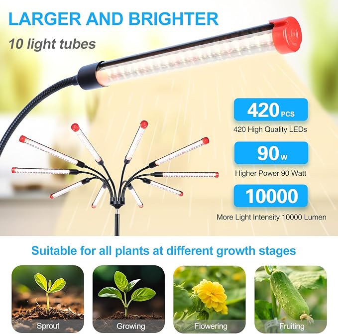 10Head Grow Light on Stand for Large&ampTall Indoor Plants Bonsai Tree Bright and Big Coverage Plant Growing Lamps 4/8/12/16/20H Timer 90 Watt Power Draw NO Need Adapter 360° Gooseneck