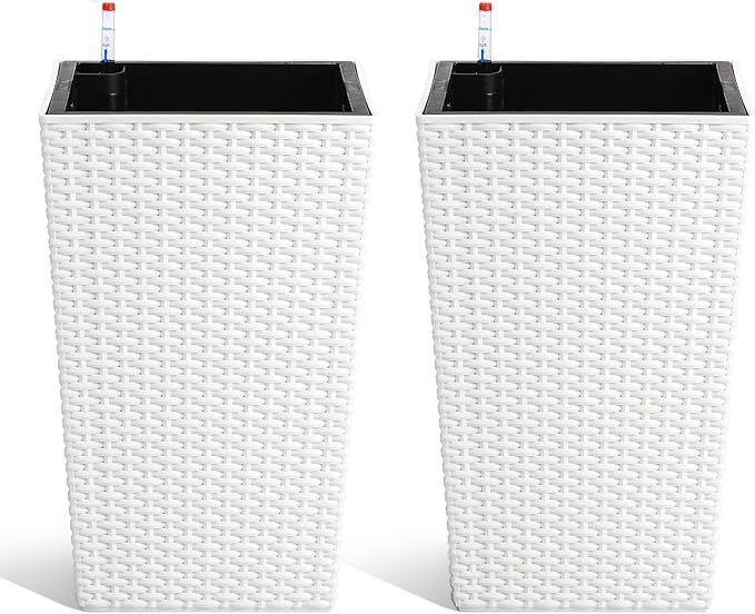 IDEALHOUSE 16 in Self-Watering Planters Set of 2 Tall Rattan Indoor Outdoor Planter Pots with Water Level Monitor Drainage Holes &amp Inner Bucket for Home Patio Balcony White