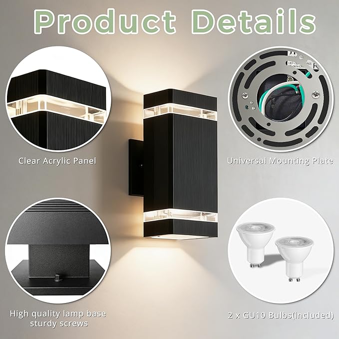 Square Outdoor Wall Lights 2 Pack Up and Down LED Porch Lights Aluminum Exterior Lighting Fixtures with 2 * 7W Bulbs 3000K Waterproof Outdoor Sconces Wall Lighting for House Porch Garage Black