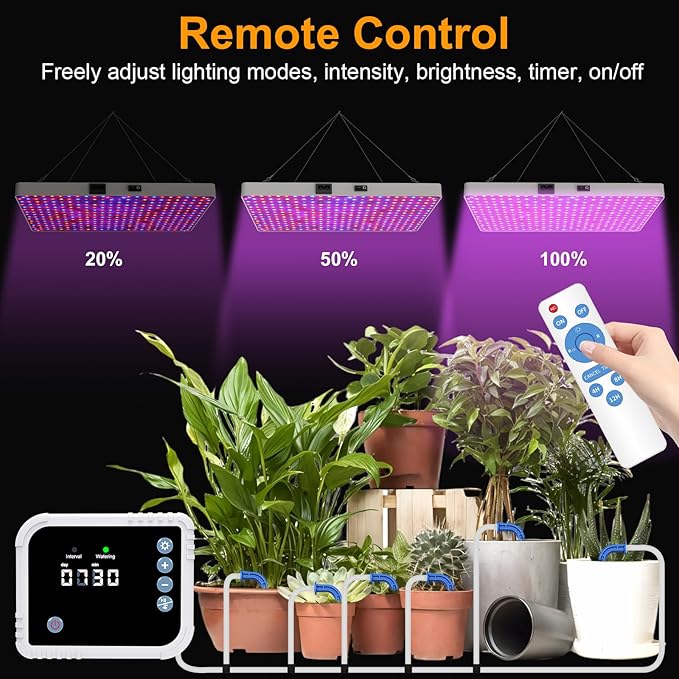 LED Grow Light with Automatic Watering System for Indoor Plants Full Spectrum Plant Light with Remote Control Stepless Dimmable Growing Lamps with 3 Lighting Modes for Seedlings Veg Bloom