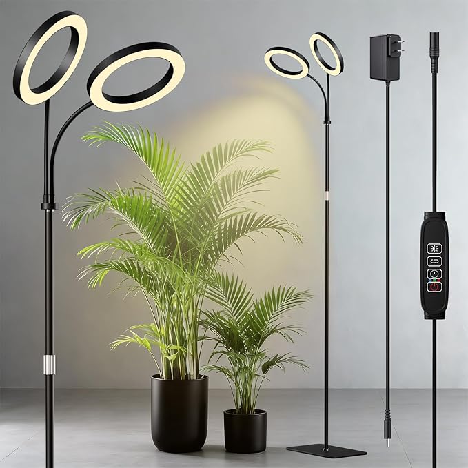 Dual Head Grow Light for Indoor Plants Full Spectrum Plant Light with 16.5-68 for Growing Large Tall Plants Equipment with 3/9/12-hour Automatic Timers 3 Light Modes 10 Dimmable Levels