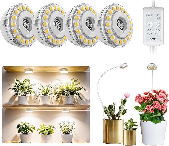 SANSI Grow Lights for Indoor Plants LED Pot Clip Plant Light for Growing 4000K Full Spectrum+ 20W(5W*4) Puck Grow Lights for Indoor Plants