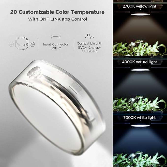 ONF Mist O+ App Controlled Via Bluetooth Magnetic Full Spectrum Colorfull LED Indoor Plant Light Puck Grow Light 4 Level dimmable 3 Color Temperature Clear