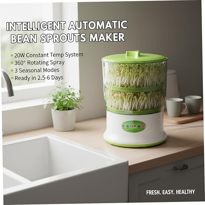 Bean Sprouts Machine Bean Sprouts Grow Kit 2-Tier Automatic Maker 3 Modes Seed Sprouter Kits for Indoor Gardening Green