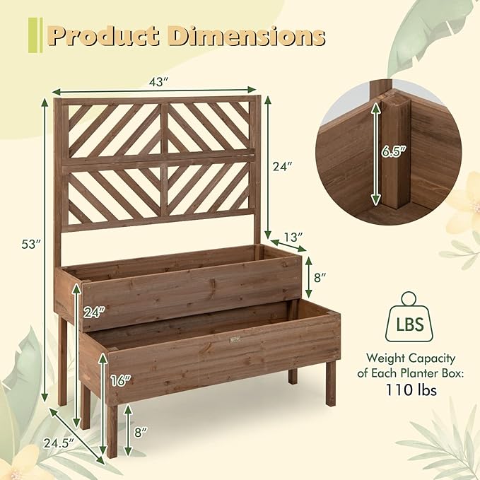 Giantex Raised Garden Bed with Trellis 2-Tier Wooden Planter Box with Legs and Drain Holes Garden Trellis for Vine Fruit Vegetable Flower Herb Outdoor Elevated Garden Bed (Brown)